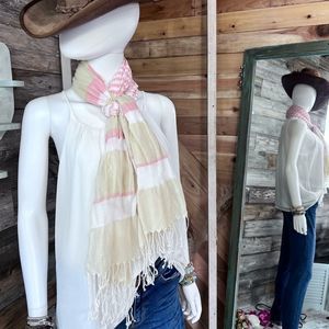 Tri-color Light Weight Striped Scarf with Ruching and Fringe 72”x24”💗